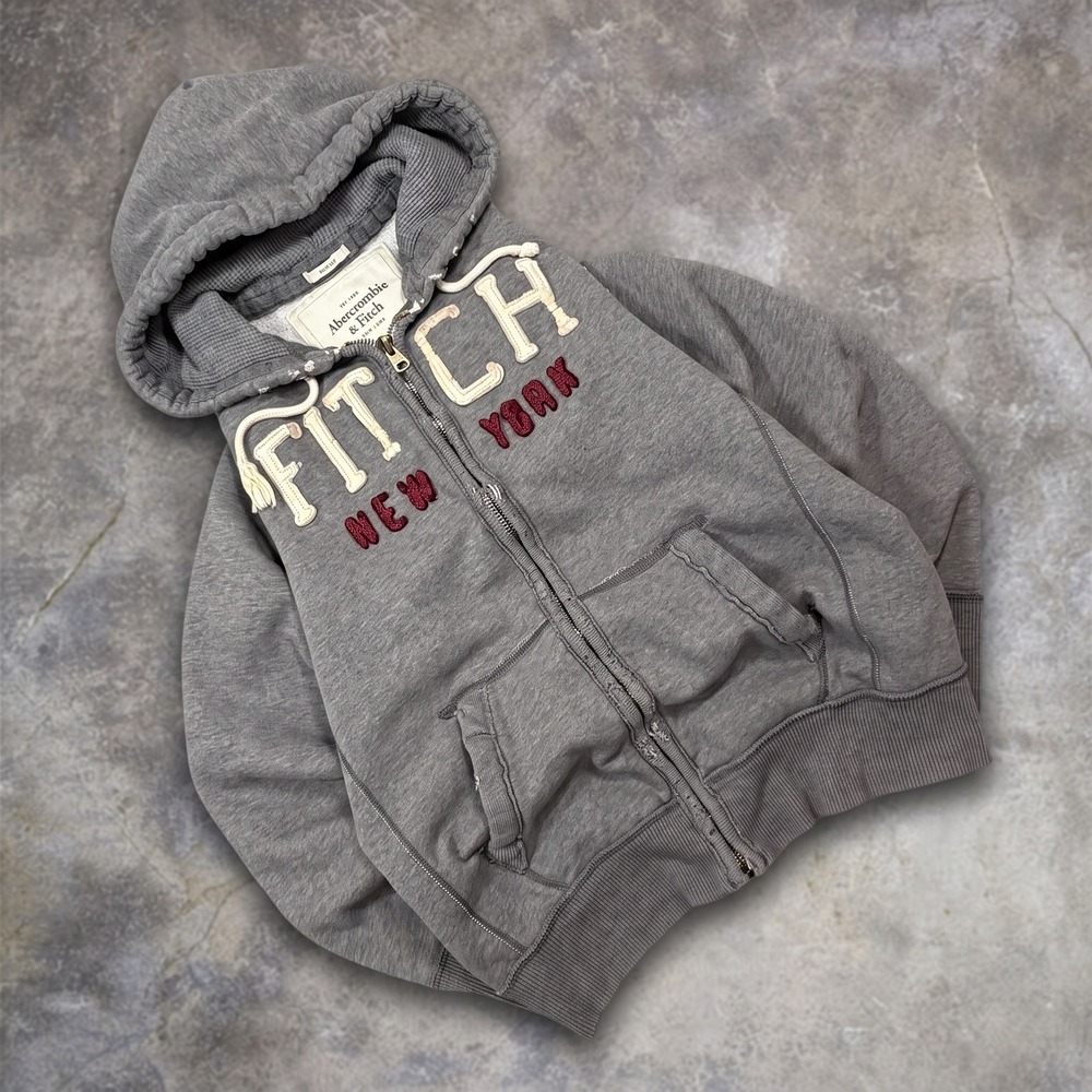 VTG Abercrombie Hoodie Full Zip Grey XL Heavy Distressed Spellout Fitch New York
